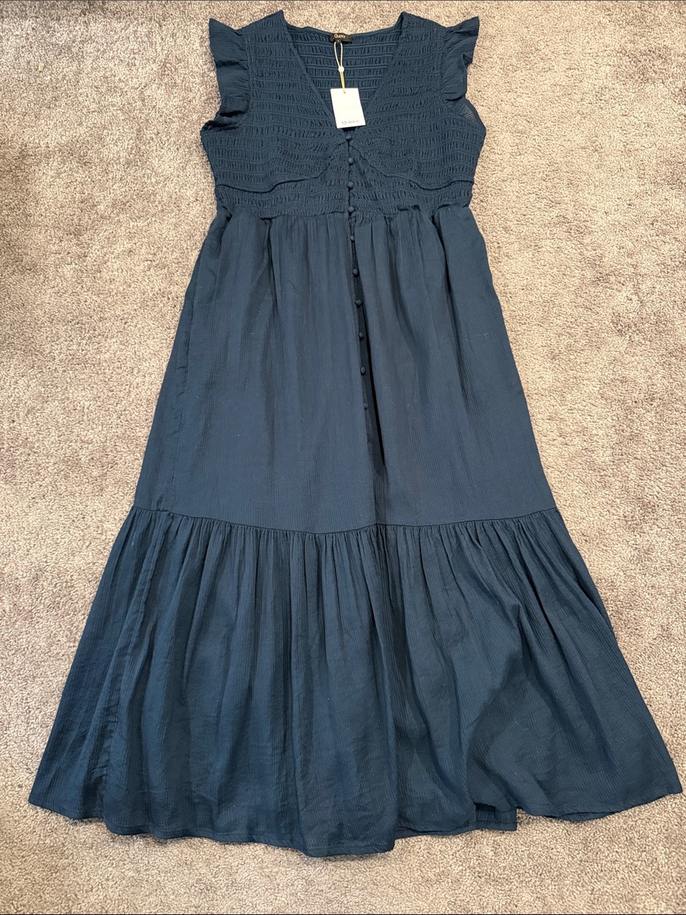 Quince Organic Cotton Navy Smocked Flutter Sleeve Tiered Midi Dress